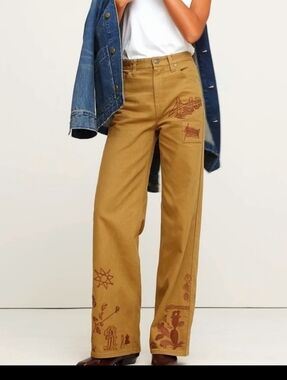 BR High-rise Brown Cotton Canvas Wide-Leg Embroidered Jeans, Size 2